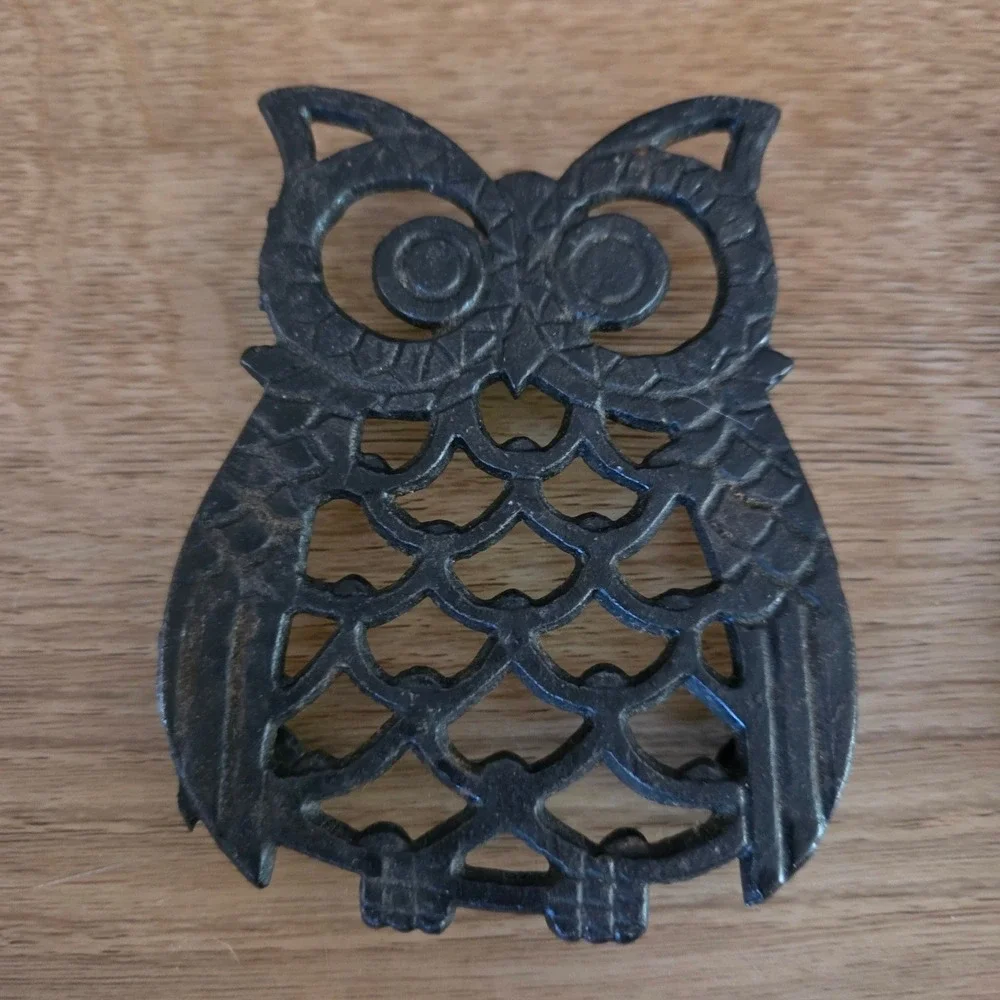 Vintage Black Cast Iron Owl Trivet Set of 2 Mid Century Modern Kitchen Decor‎